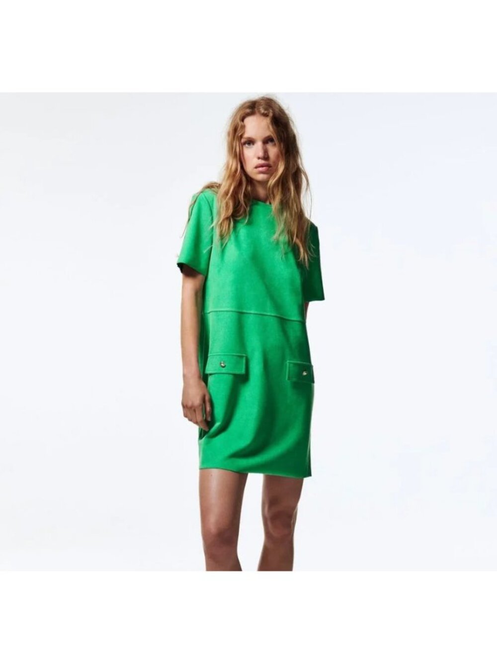 ZARA women's short sleeve green terry cloth dress size large casual buttons